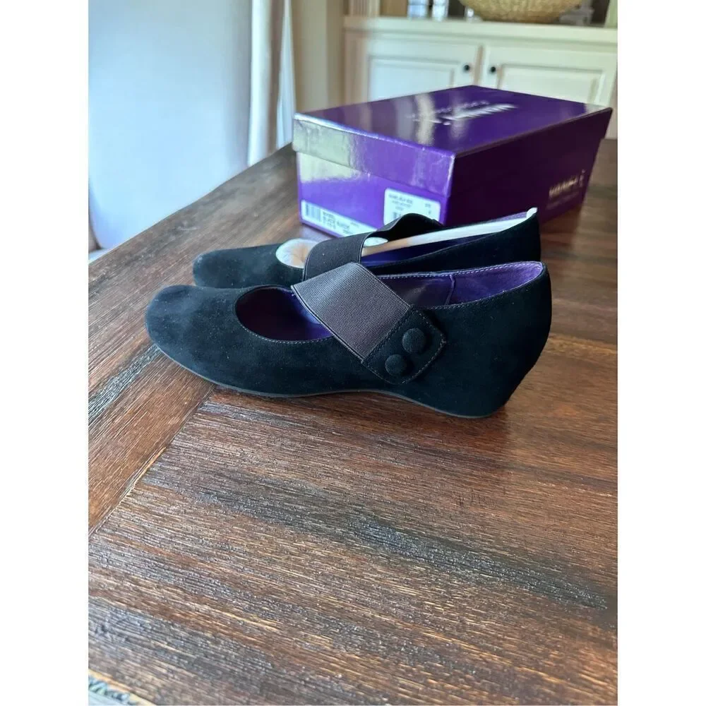 Vaneli Purple Collection black suede Mabel wedge heels